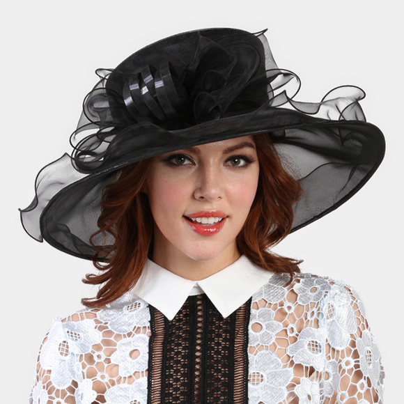 New Loop Bow Center Large Brim Ruffle Organza Hat Women main image 4